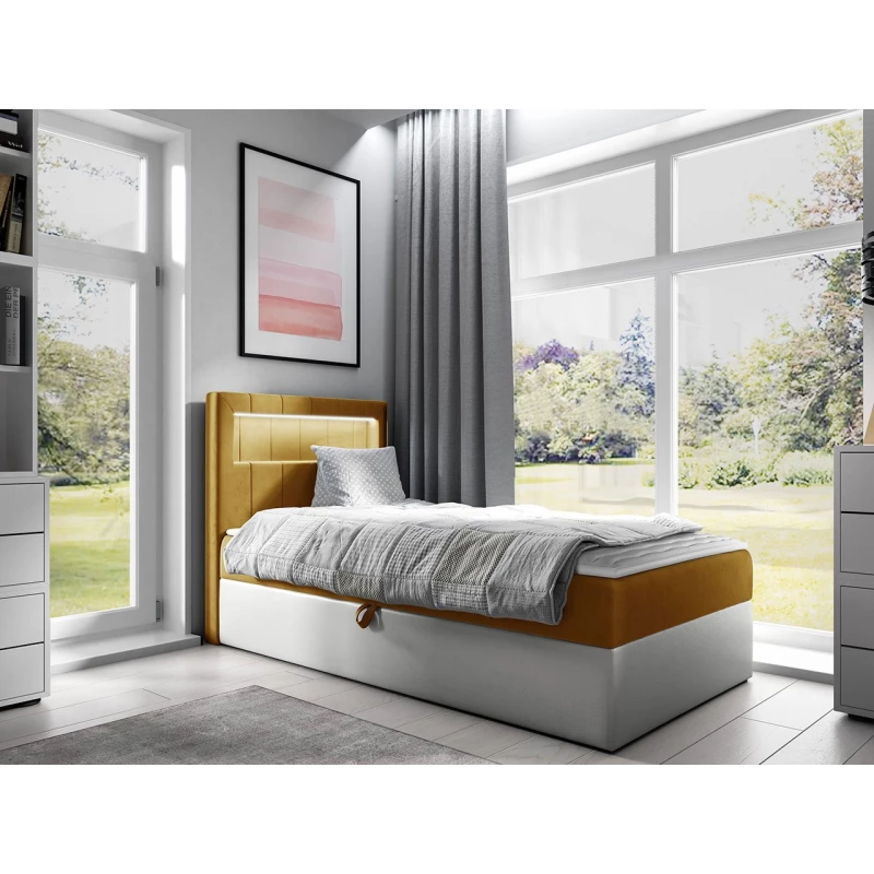 Kontinentálna jednolôžková posteľ 100x200 RAMIRA 1 - biela ekokoža / žltá, pravé prevedenie + topper ZDARMA