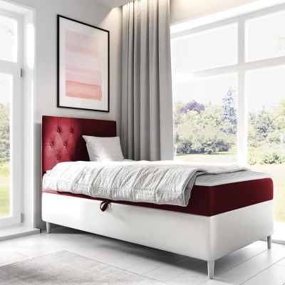 Boxspringová jednolôžková posteľ 100x200 PORFIRO 1 - biela ekokoža / červená, pravé prevedenie + topper ZDARMA