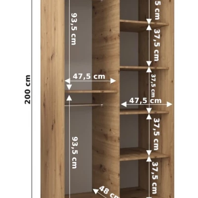 Šatníková skriňa so zrkadlom VIVI - šírka 100 cm, biela / dub artisan