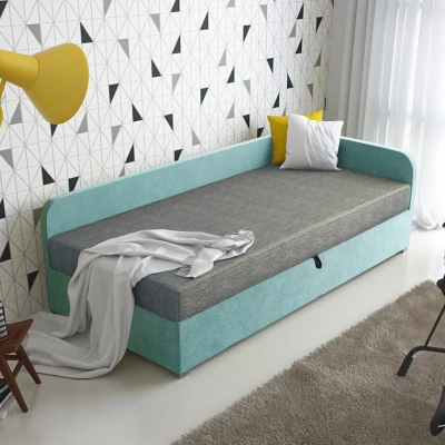 Jednolôžková čalúnená posteľ VALESKA - 100x200, pravá, šedá / tyrkysová
