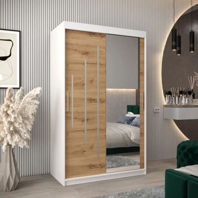 Šatníková skriňa so zrkadlom MILADA - šírka 120 cm, biela / dub artisan
