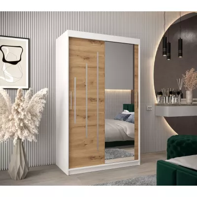 Šatníková skriňa so zrkadlom MILADA - šírka 120 cm, biela / dub artisan