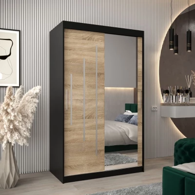 Šatníková skriňa so zrkadlom MILADA - šírka 120 cm, čierna / dub sonoma