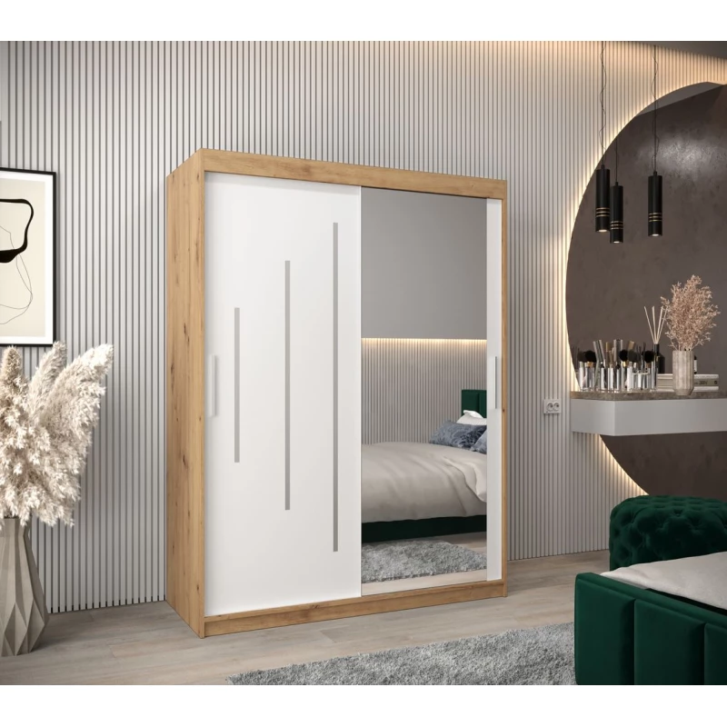 Šatníková skriňa so zrkadlom ROZALIE - šírka 150 cm, dub artisan / biela