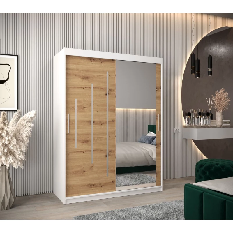 Šatníková skriňa so zrkadlom ROZALIE - šírka 150 cm, biela / dub artisan