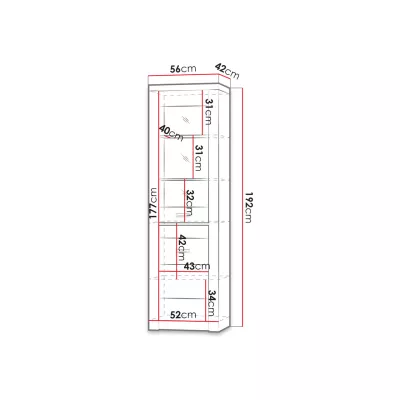 Úzka vitrína BESS - šírka 56 cm, dub kraft biely