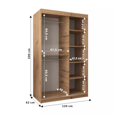 Šatníková skriňa so zrkadlami DARINA - šírka 120 cm, dub artisan