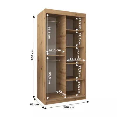 Šatníková skriňa so zrkadlami JOSEFA - šírka 100 cm, dub sonoma