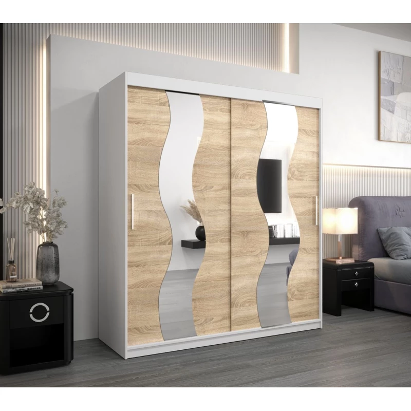 Skriňa s posuvnými dverami LINA - šírka 180 cm, biela / dub sonoma