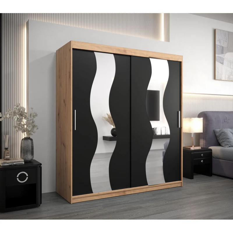 Skriňa s posuvnými dverami LINA - šírka 180 cm, dub artisan / čierna