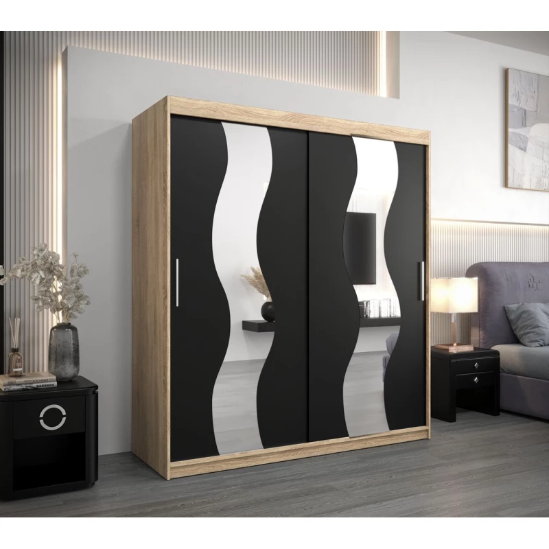 Skriňa s posuvnými dverami LINA - šírka 180 cm, dub sonoma / čierna