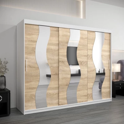 Skriňa s posuvnými dverami HEDVIKA - šírka 250 cm, biela / dub sonoma