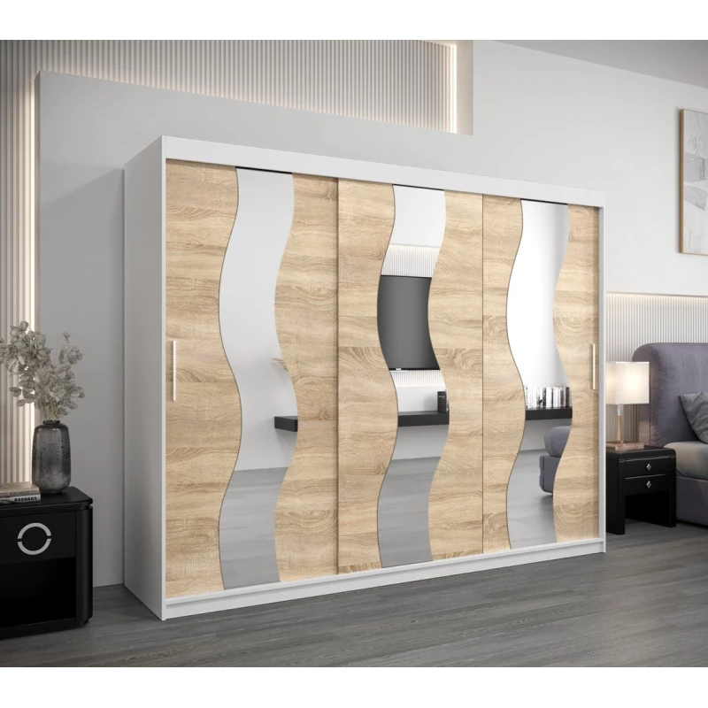Skriňa s posuvnými dverami HEDVIKA - šírka 250 cm, biela / dub sonoma