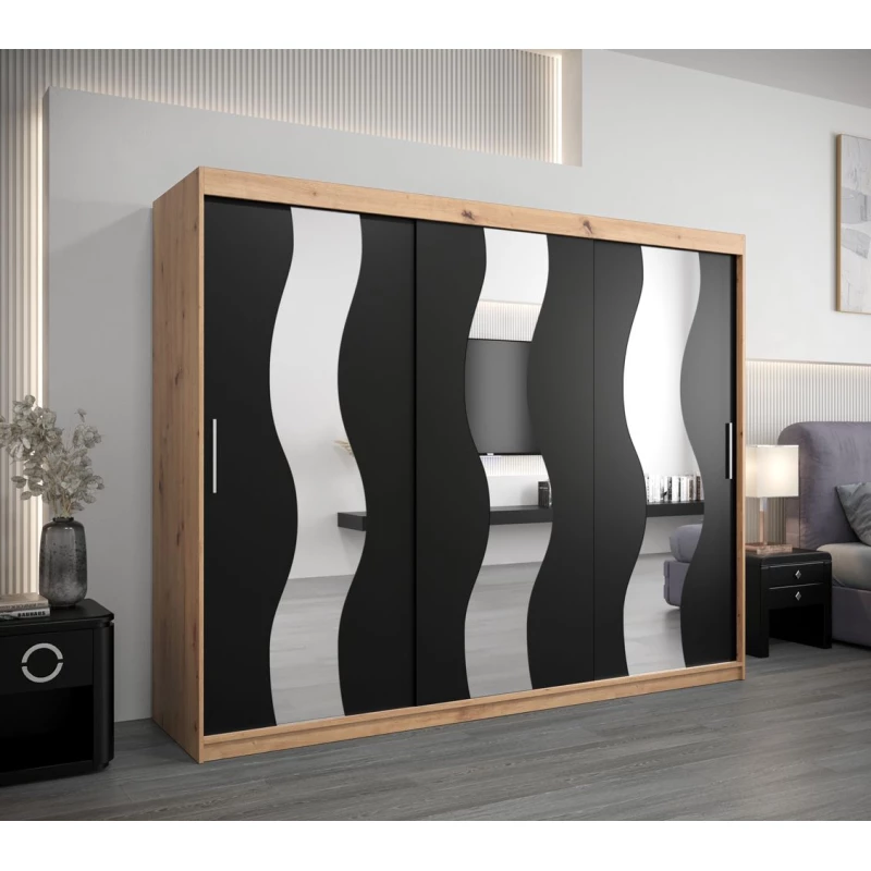 Skriňa s posuvnými dverami HEDVIKA - šírka 250 cm, dub artisan / čierna