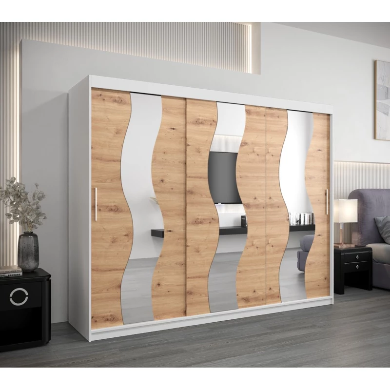 Skriňa s posuvnými dverami HEDVIKA - šírka 250 cm, biela / dub artisan