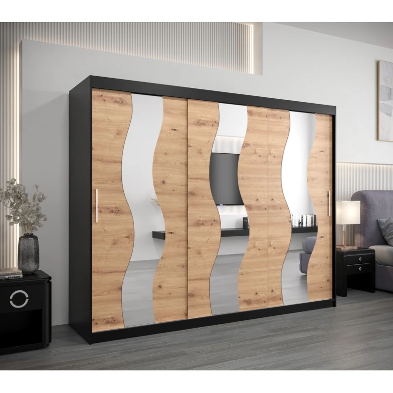 Skriňa s posuvnými dverami HEDVIKA - šírka 250 cm, čierna / dub artisan