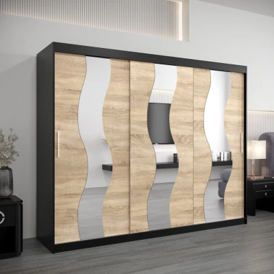 Skriňa s posuvnými dverami HEDVIKA - šírka 250 cm, čierna / dub sonoma