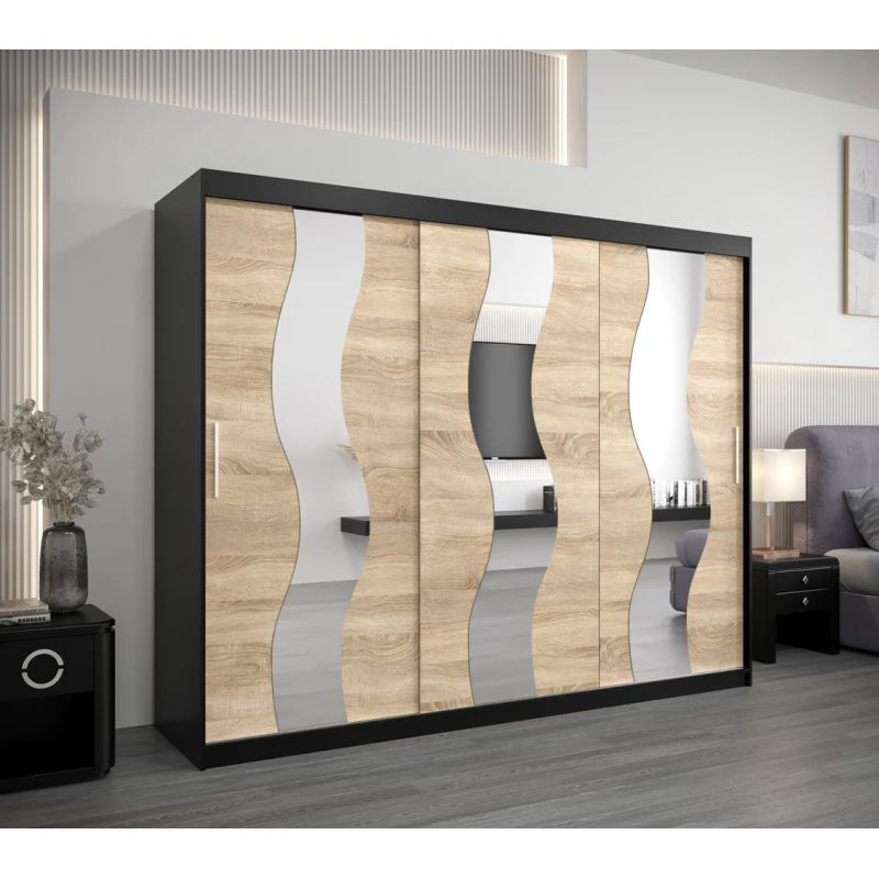 Skriňa s posuvnými dverami HEDVIKA - šírka 250 cm, čierna / dub sonoma