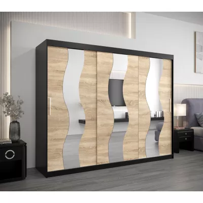 Skriňa s posuvnými dverami HEDVIKA - šírka 250 cm, čierna / dub sonoma