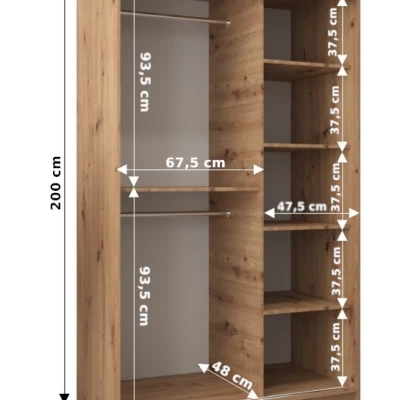 Šatníková skriňa so zrkadlami MARIE - šírka 120 cm, dub sonoma / biela