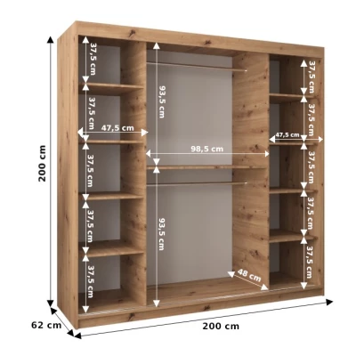 Šatníková skriňa DENISA - šírka 200 cm, biela / dub sonoma