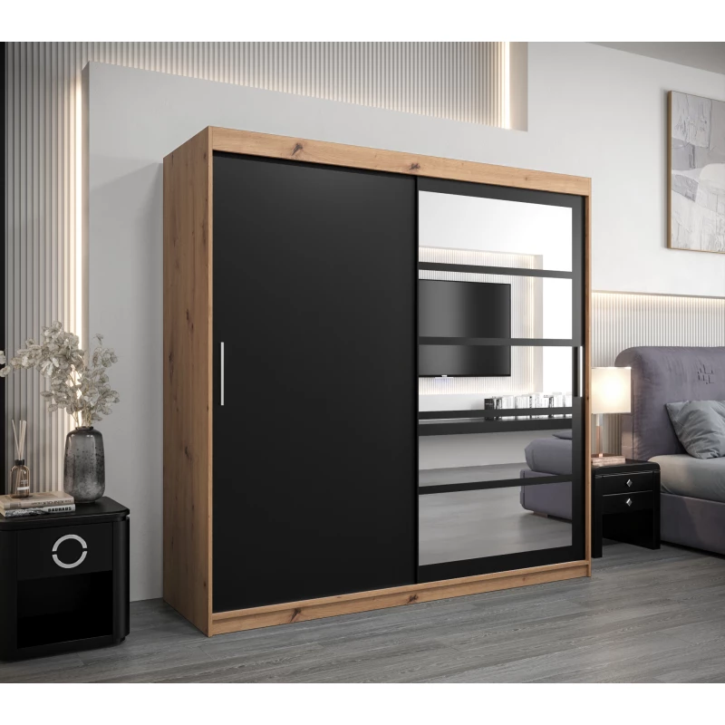 Šatníková skriňa DENISA - šírka 200 cm, dub artisan / čierna
