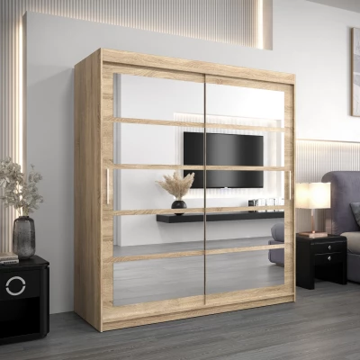 Priestranná skriňa s posuvnými zrkadlovými dverami Daniela 180 vo farbe biela dub sonoma