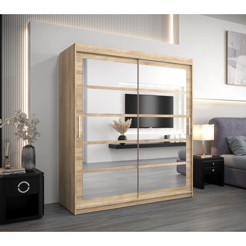 Priestranná skriňa s posuvnými zrkadlovými dverami Daniela 180 vo farbe biela dub sonoma