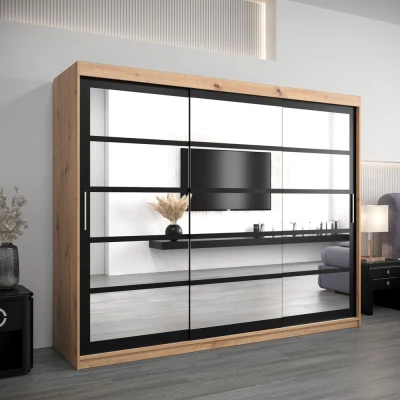 Skriňa s posuvnými dverami LEONA - šírka 250 cm, dub artisan / čierna