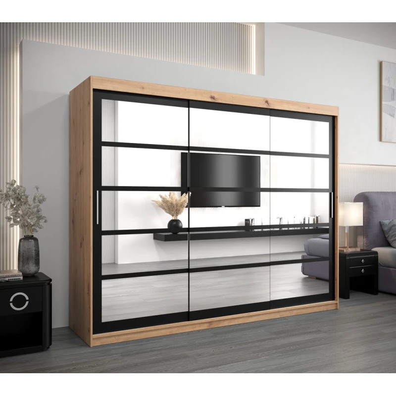 Skriňa s posuvnými dverami LEONA - šírka 250 cm, dub artisan / čierna