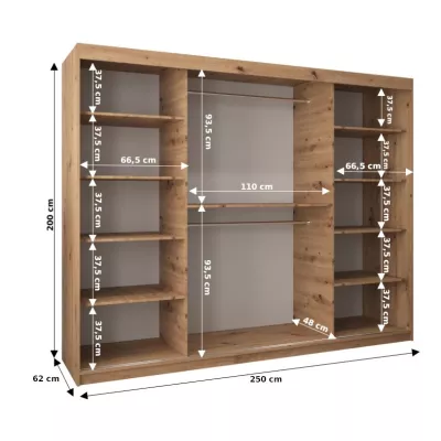 Šatníková skriňa ROZALIE - šírka 250 cm, dub sonoma / čierna