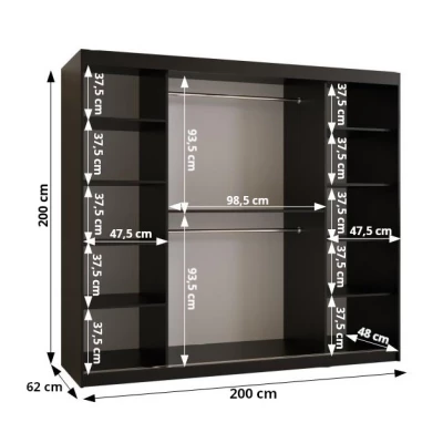 Skriňa so zrkadlom MADELEIN 3 - šírka 200 cm, čierna + orech