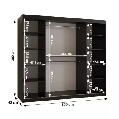 Skriňa so zrkadlom MADELEIN 3 - šírka 200 cm, čierna + orech