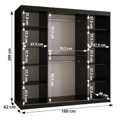 Skriňa so zrkadlom MADELEIN 3 - šírka 180 cm, čierna + orech