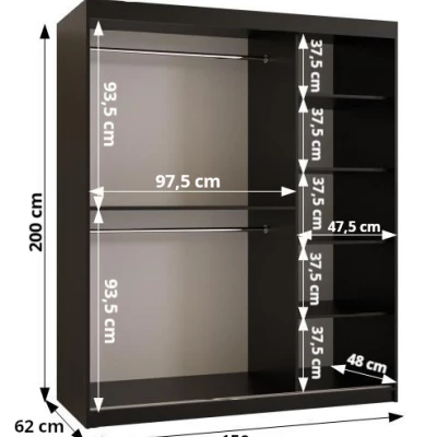 Skriňa so zrkadlom MADELEIN 3 - šírka 150 cm, čierna + orech