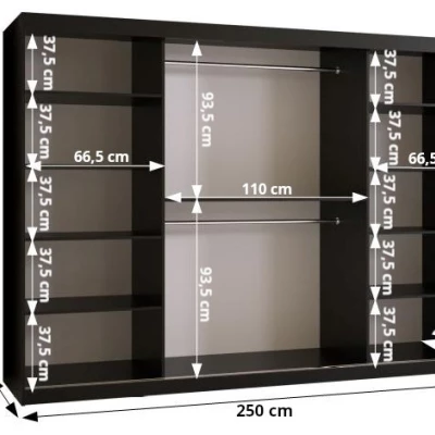 Skriňa so vzorovanými dverami SANDJI 3 - šírka 250 cm, čierna / tmavý orech