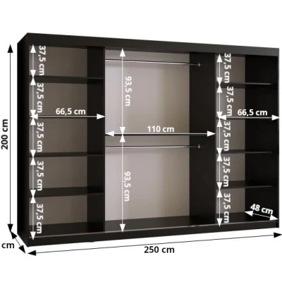 Šatníková skriňa so zrkadlom RADKIN 2 - šírka 250 cm, čierna / biela