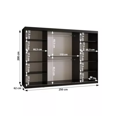 Šatníková skriňa so zrkadlom RADKIN 2 - šírka 250 cm, čierna / biela