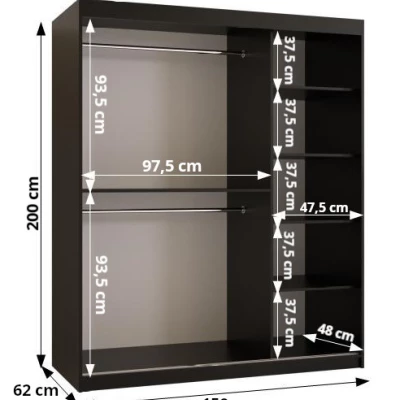 Šatníková skriňa so zrkadlom RADKIN 2 - šírka 150 cm, čierna / biela
