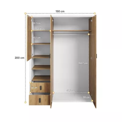 Trojdverová šatníková skriňa 150 cm PASTORA - orech hickory / biela