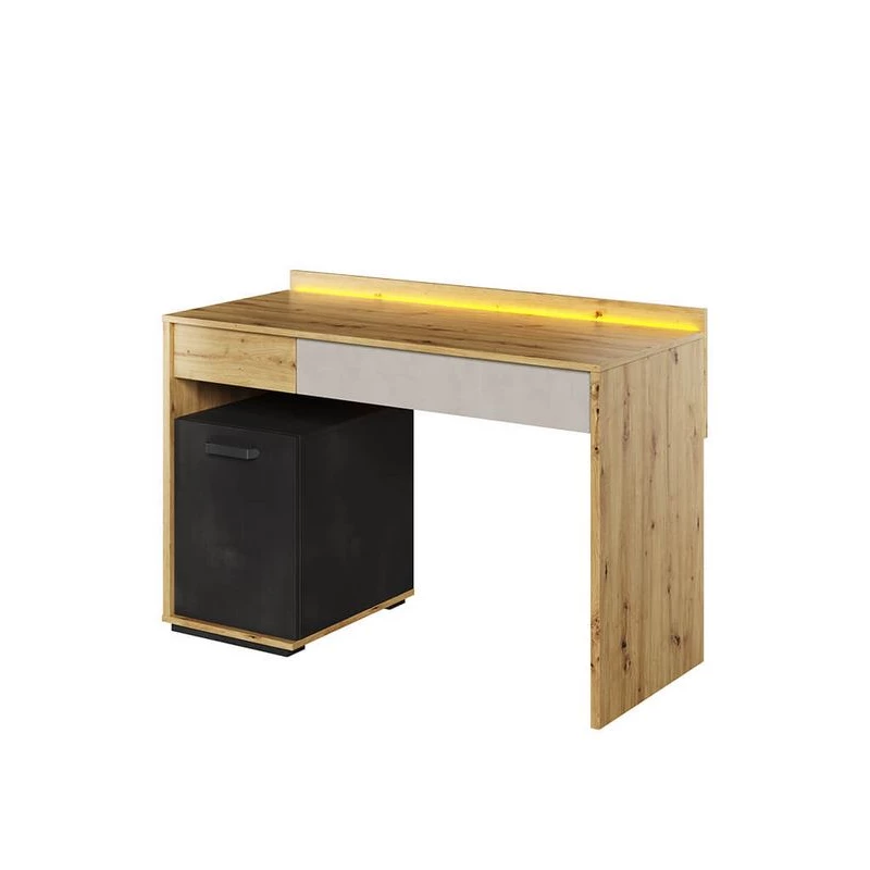 Písací stôl s LED osvetlením QUYEN - dub artisan / silk / raw steel