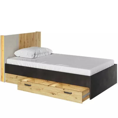 Jednolôžková posteľ s roštom a šuplíkmi QUYEN - 90x200, dub artisan / silk / raw steel