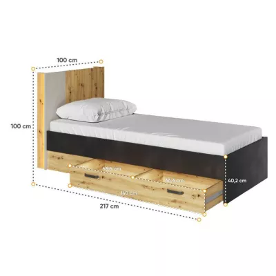 Jednolôžková posteľ s roštom a šuplíkmi QUYEN - 90x200, dub artisan / silk / raw steel