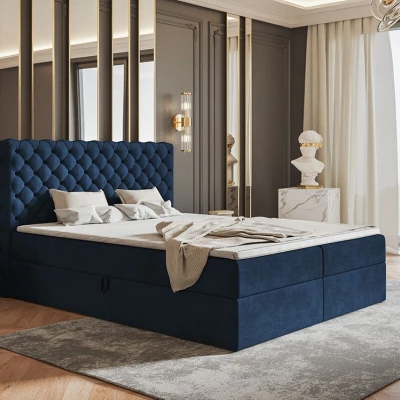 Boxspringová manželská posteľ BRUNA 1 - 160x200, tmavo modrá + topper