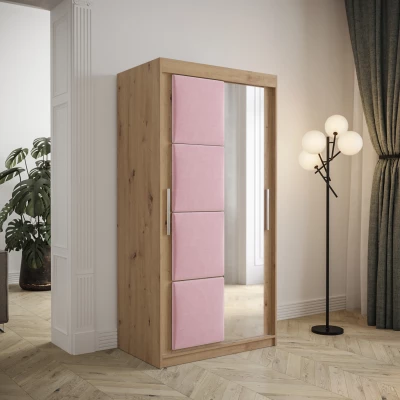 Šatníková skriňa s posuvnými dverami 100 cm TALIA - dub artisan / ružová
