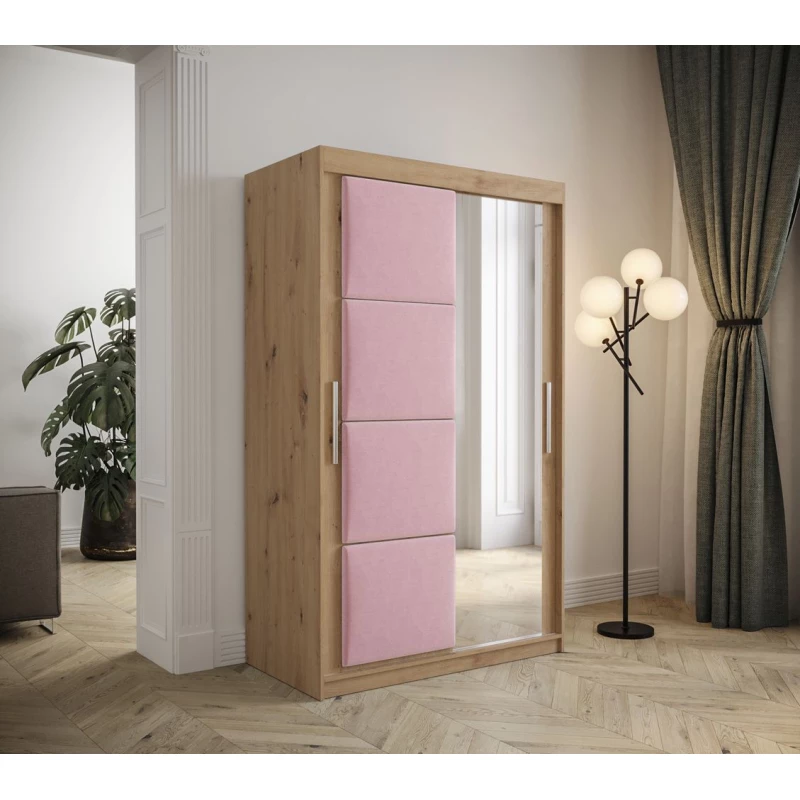 Šatníková skriňa s posuvnými dverami 120 cm TALIA - dub artisan / ružová