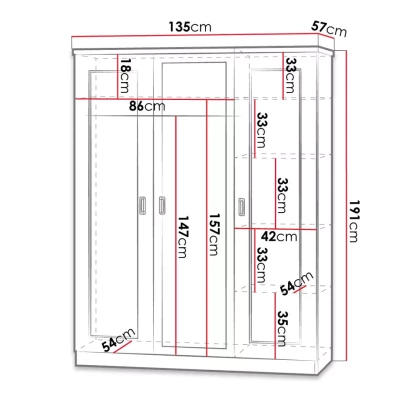 Šatníková skriňa so zrkadlom GIADA - šírka 135 cm, dub