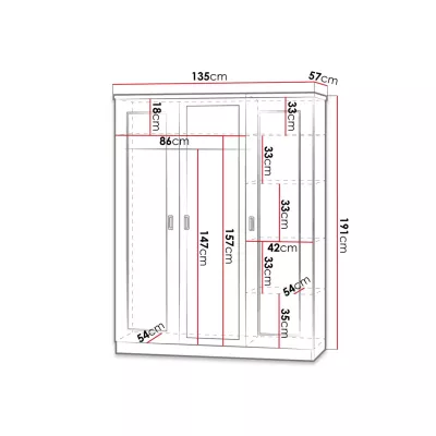 Šatníková skriňa so zrkadlom GIADA - šírka 135 cm, dub