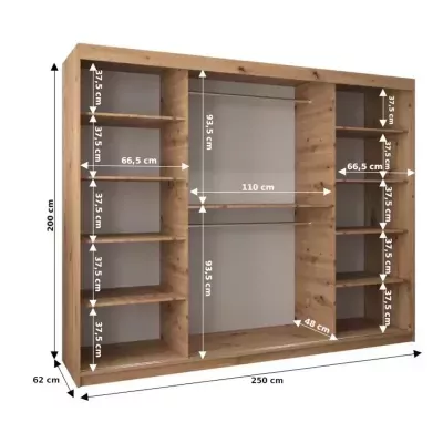 Šatníková skriňa so zrkadlom ANNA - šírka 250 cm, dub sonoma / biela