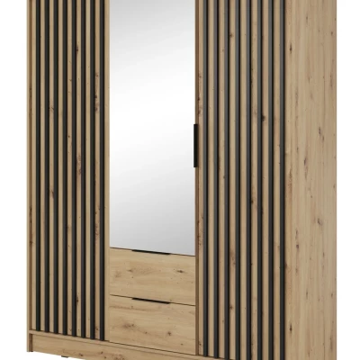Trojdverová skriňa so zrkadlom MARFA - šírka 155 cm, dub artisan / čierna